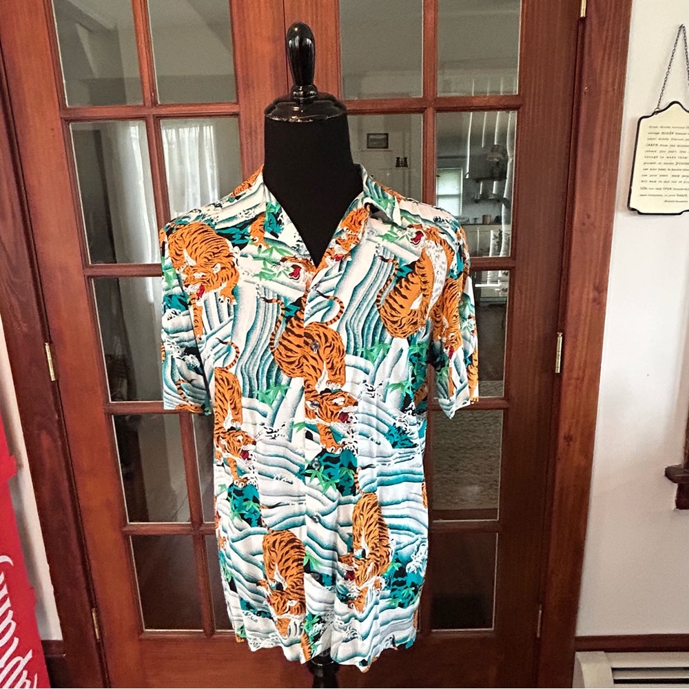 VINTAGE  1990's Hawaiian Shirt Large Blue Orange Rayon All Over Tiger Floral